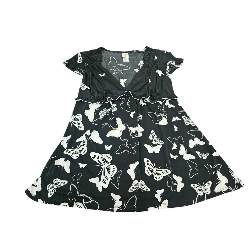 In Bloom by Jonquil Butterfly Print Babydoll Top L Black White Y2K Boho